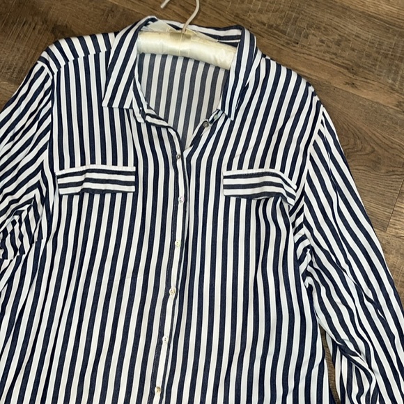 2XL Alexander Jordan blue white stripe blouse rayon button collar office career - Picture 10 of 11